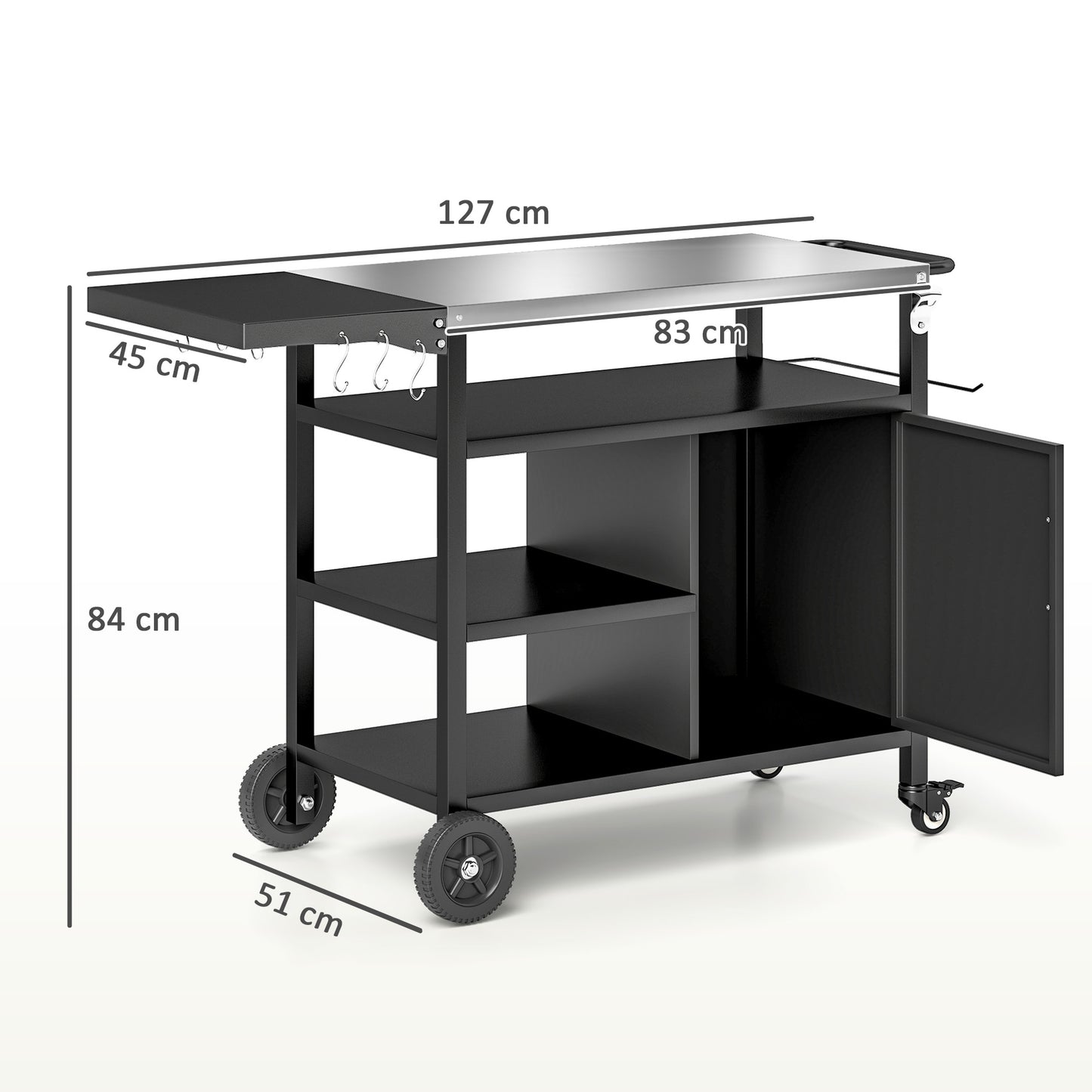 Outdoor BBQ Trolley with Foldable Side Table, Stainless Steel Top, Movable Outdoor Kitchen with Wheels Hooks Shelves Cabinet, Pizza Oven Table