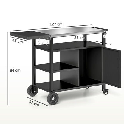 Outdoor BBQ Trolley with Foldable Side Table, Stainless Steel Top, Movable Outdoor Kitchen with Wheels Hooks Shelves Cabinet, Pizza Oven Table