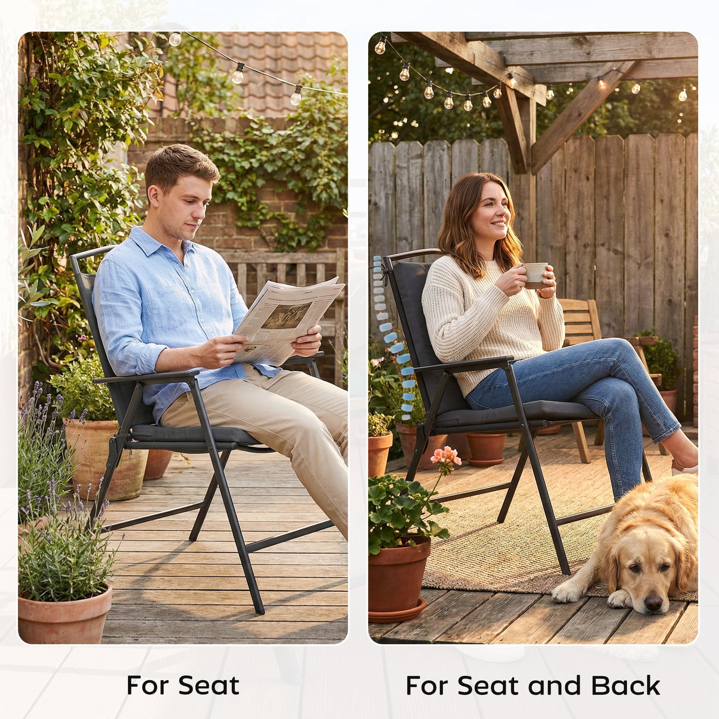 Set of 2 Garden Seat Cushions | 7cm High Density Foam | 50x50cm | Water Resistant | UV30+ | Fire Retardant | Zip Off Covers | Securing Ties | Dark Grey