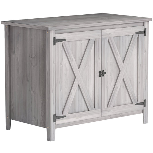 Outsunny Wooden Garden Shed, Outdoor Fir Wood Storage Shed with Shelf and Double Doors, Light Grey
