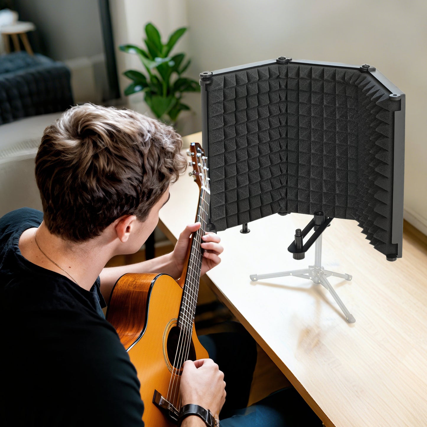 Studio Microphone Isolation Shield, Foldable Adjustable Recording Studio Equipment, 3-Panel High Density Absorbent Foam Shield with 3/8" Threaded Mount, Black