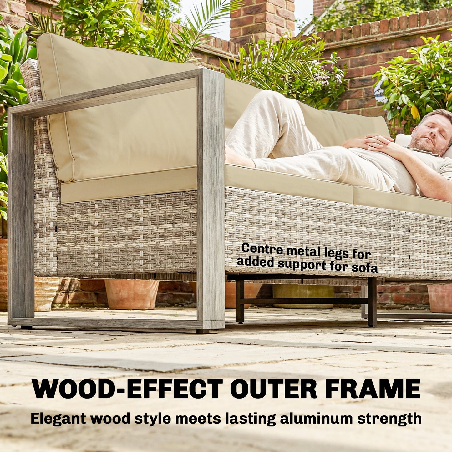 4-Piece PE Rattan Garden Sofa Set | 3-Seater Sofa | 2 Armchairs | Tempered Glass Coffee Table | Wood-Effect Aluminium Frame | 8cm Seat & 20cm Back Cushions | Non-Slip Mats | Washable Covers | Khaki