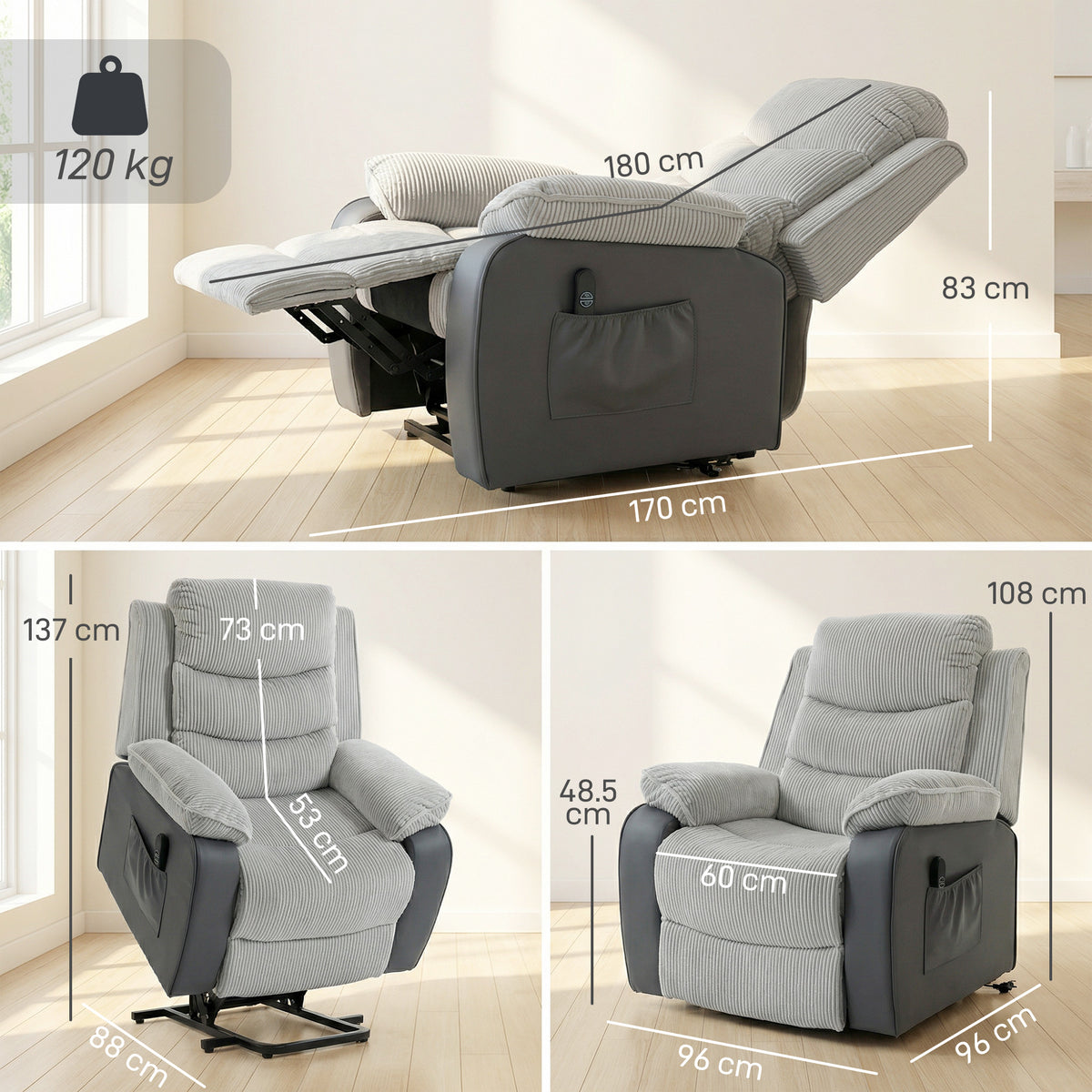 Power Lift Recliner Chair for Elderly | 150° Recline | Pocket Spring & Foam | USB Port | Side Pockets | 120kg | Corduroy | Light Grey