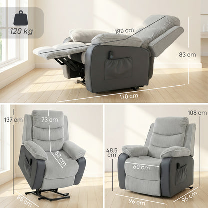 Power Lift Recliner Chair for Elderly | 150° Recline | Pocket Spring & Foam | USB Port | Side Pockets | 120kg | Corduroy | Light Grey
