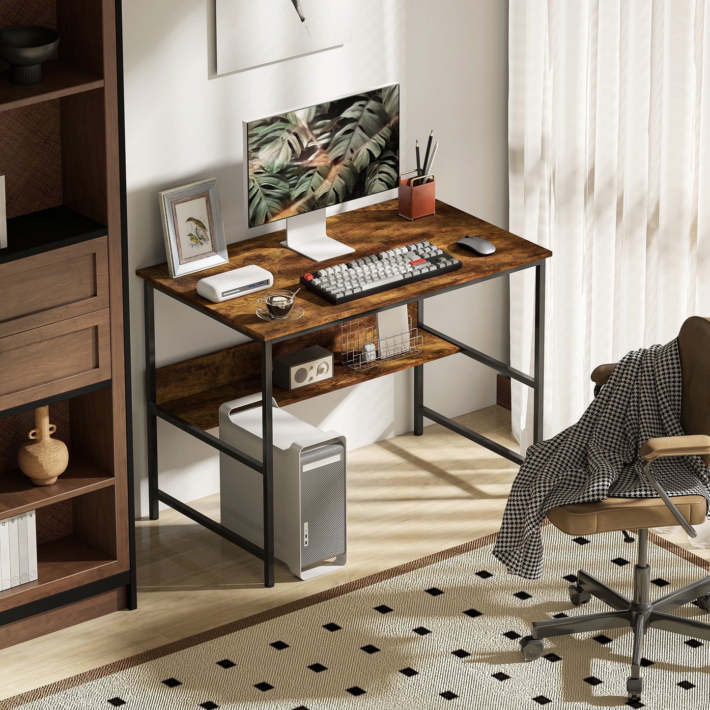 2-Tier Computer Desk, 100 x 60 cm, Rustic Brown