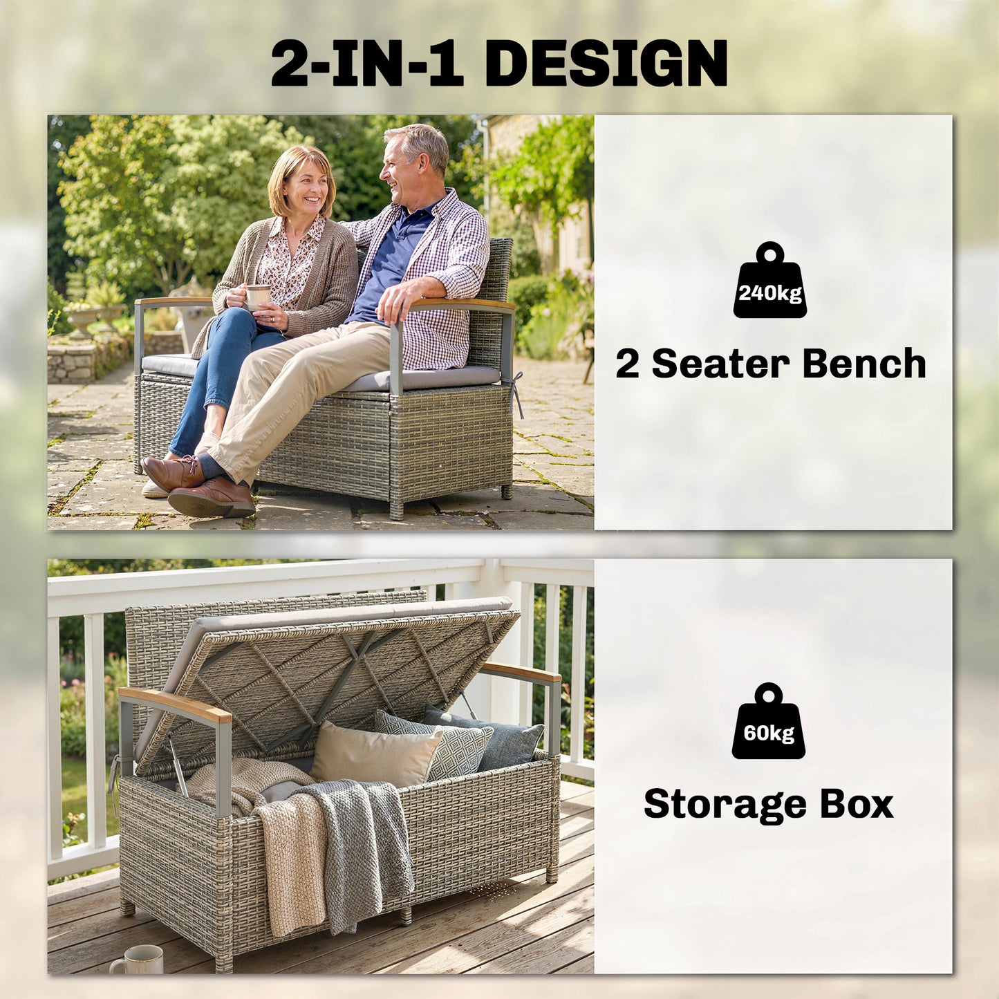 2-Seater Rattan Garden Storage Bench | 144L Hidden Storage | Gas Strut Lid | Zipped Liner | Acacia Wood Armrests | Washable Cushion | 300kg Capacity | 120 x 60 x 84cm | Light Grey