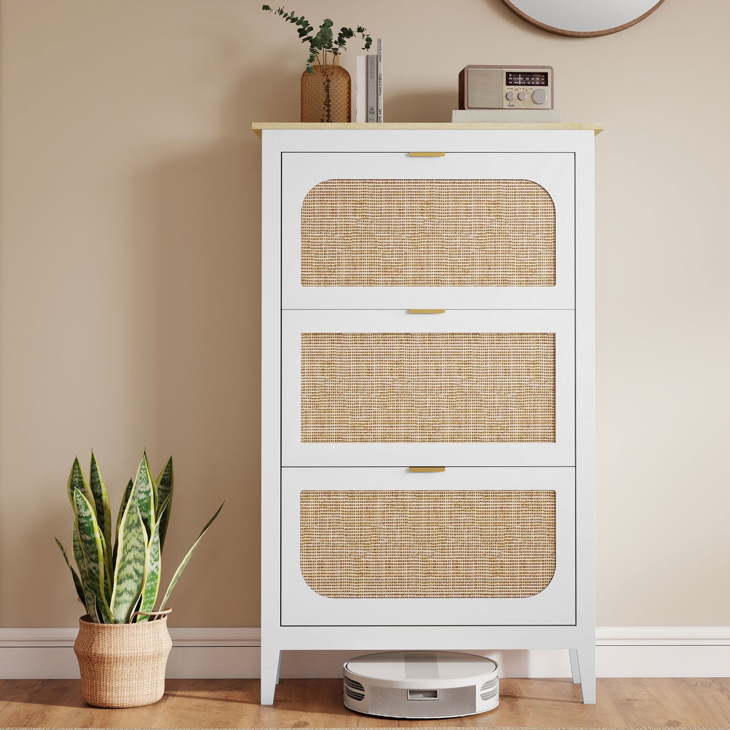 Boho Narrow Shoe Cabinet | 3 Flip Drawers | Rattan Doors | Oak-Effect Top | 21 Pairs | Adjustable Shelves | Anti-Tip Kit | 40kg Capacity | 80x24x131cm | White