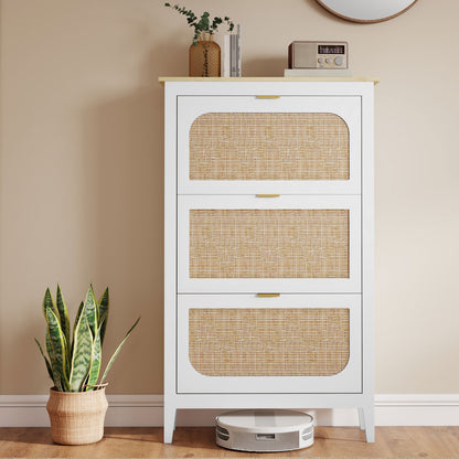 Boho Narrow Shoe Cabinet | 3 Flip Drawers | Rattan Doors | Oak-Effect Top | 21 Pairs | Adjustable Shelves | Anti-Tip Kit | 40kg Capacity | 80x24x131cm | White