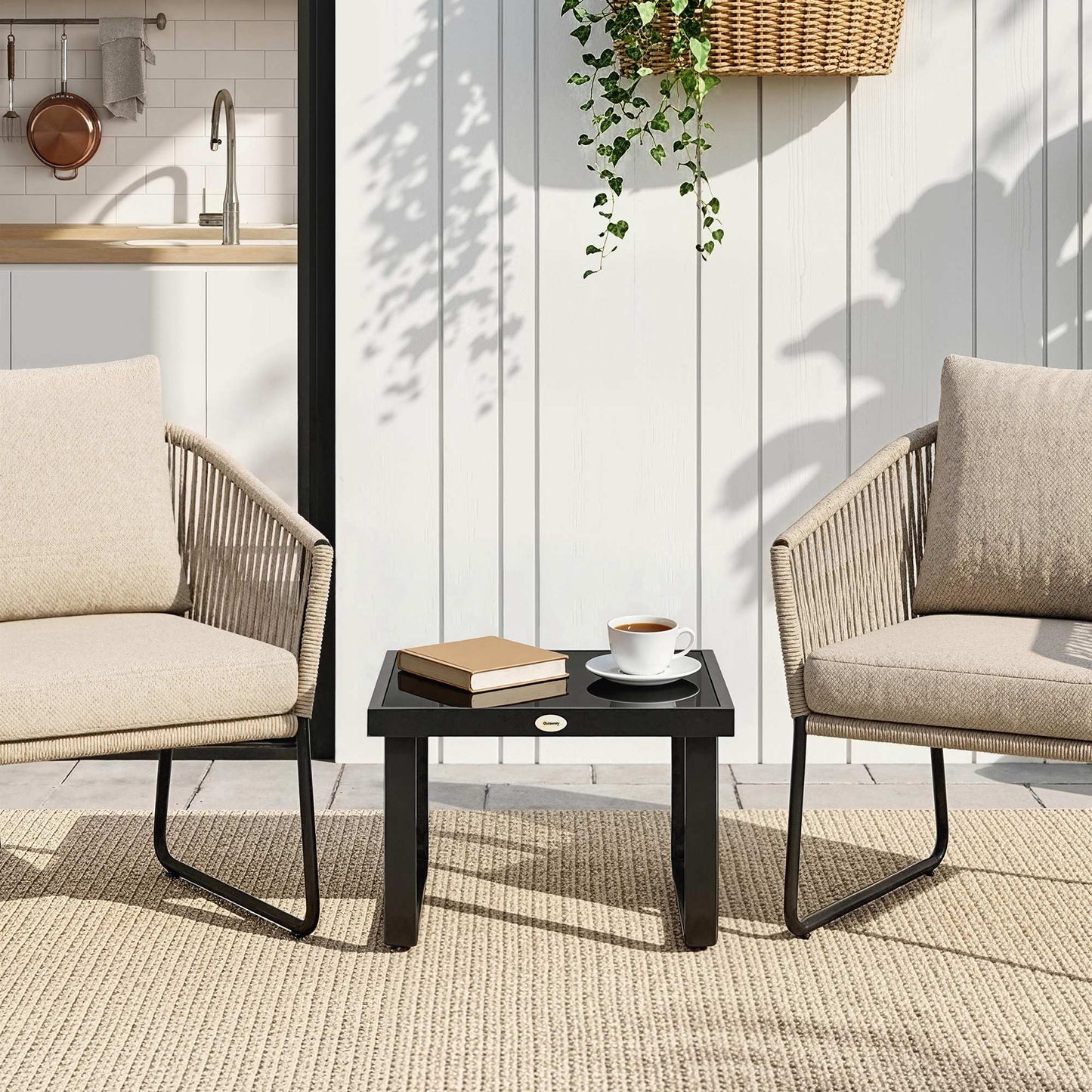 Outdoor Garden Coffee Table | Tempered Glass Top | Powder Coated Metal Frame | Adjustable Feet | 45x45x33cm | 30kg | Black