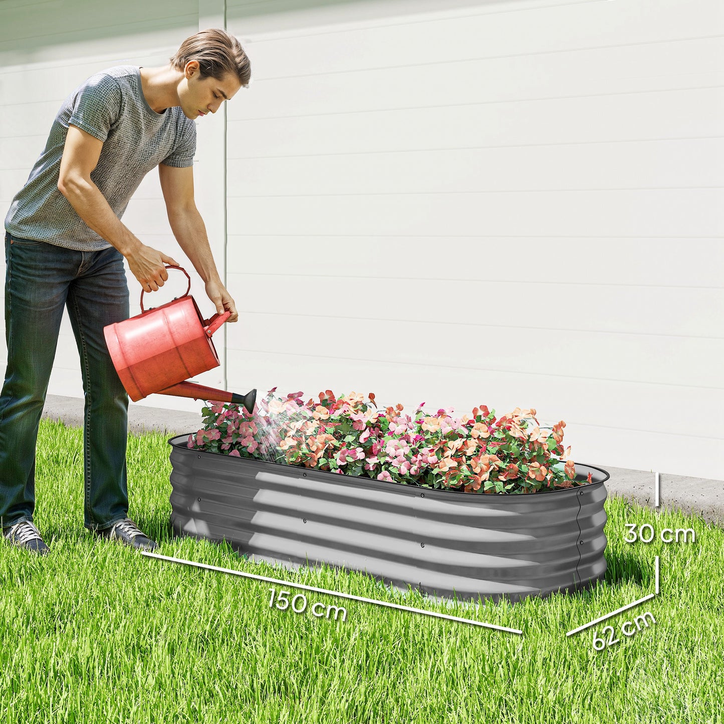 Flexible Galvanised Steel Raised Garden Bed | Safety Rubber Edging | Open Bottom | Configurable Round Oval or Oblong | 150x62x30cm | For Flowers Herbs & Succulents | Silver