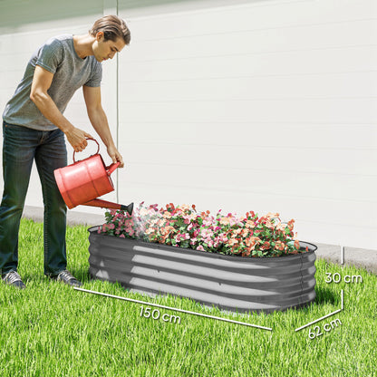 Flexible Galvanised Steel Raised Garden Bed | Safety Rubber Edging | Open Bottom | Configurable Round Oval or Oblong | 150x62x30cm | For Flowers Herbs & Succulents | Silver