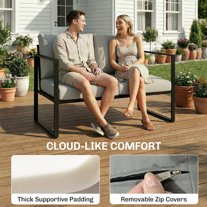 4-Piece Garden Sofa Set | Loveseat | 2 Armchairs | Slatted Plastic-Wood Coffee Table | Powder-Coated Frame | Zip Cushion Covers | Adjustable Foot Pads | 240kg Loveseat Capacity | Grey