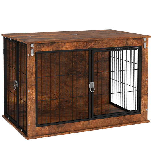 Dog Crate Furniture Side Table | Flip-Up Top | Double Doors | 3-Sided Ventilation | Large Dogs up to 30kg | 98 x 60 x 65.5cm | Rustic Brown