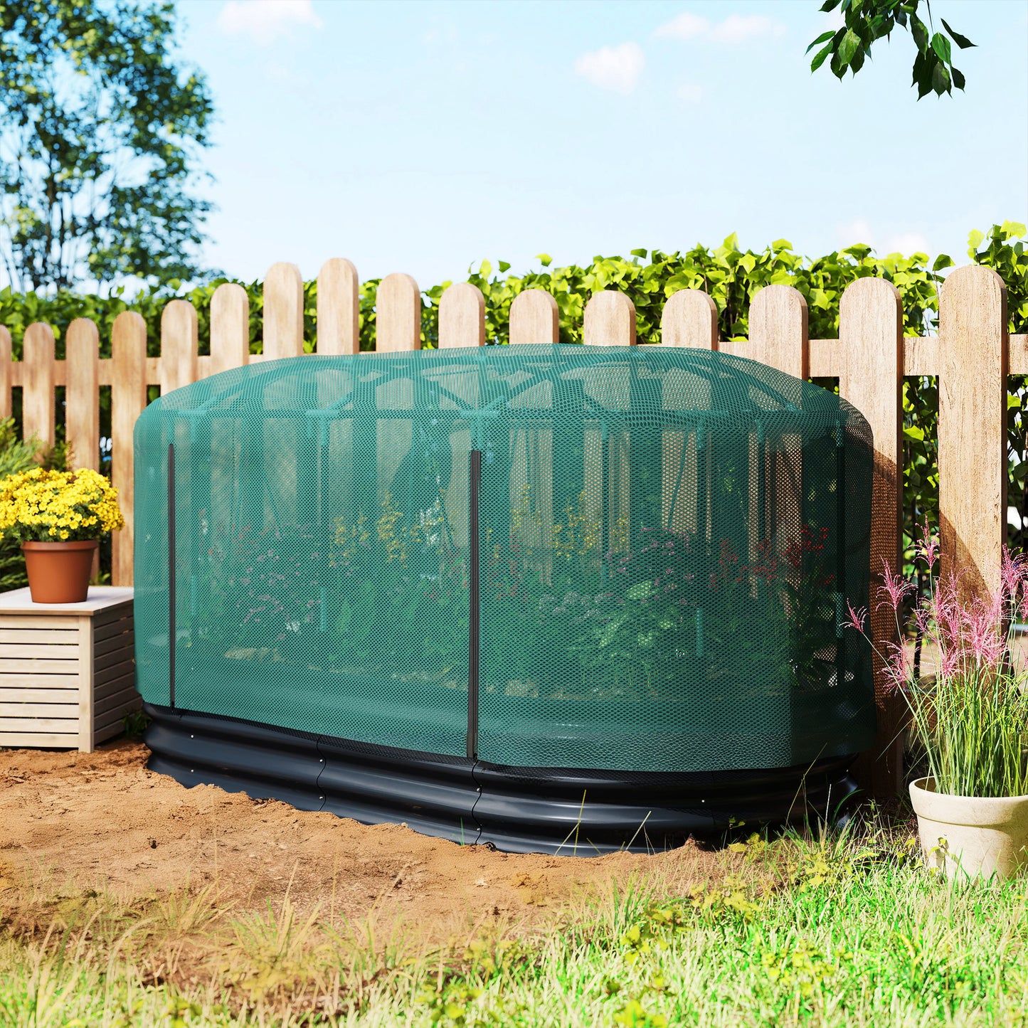 Galvanised Raised Garden Bed Kit with Self Watering System and Mesh Cover, Garden Boxes, 6x3Ft, Dark Grey and Green