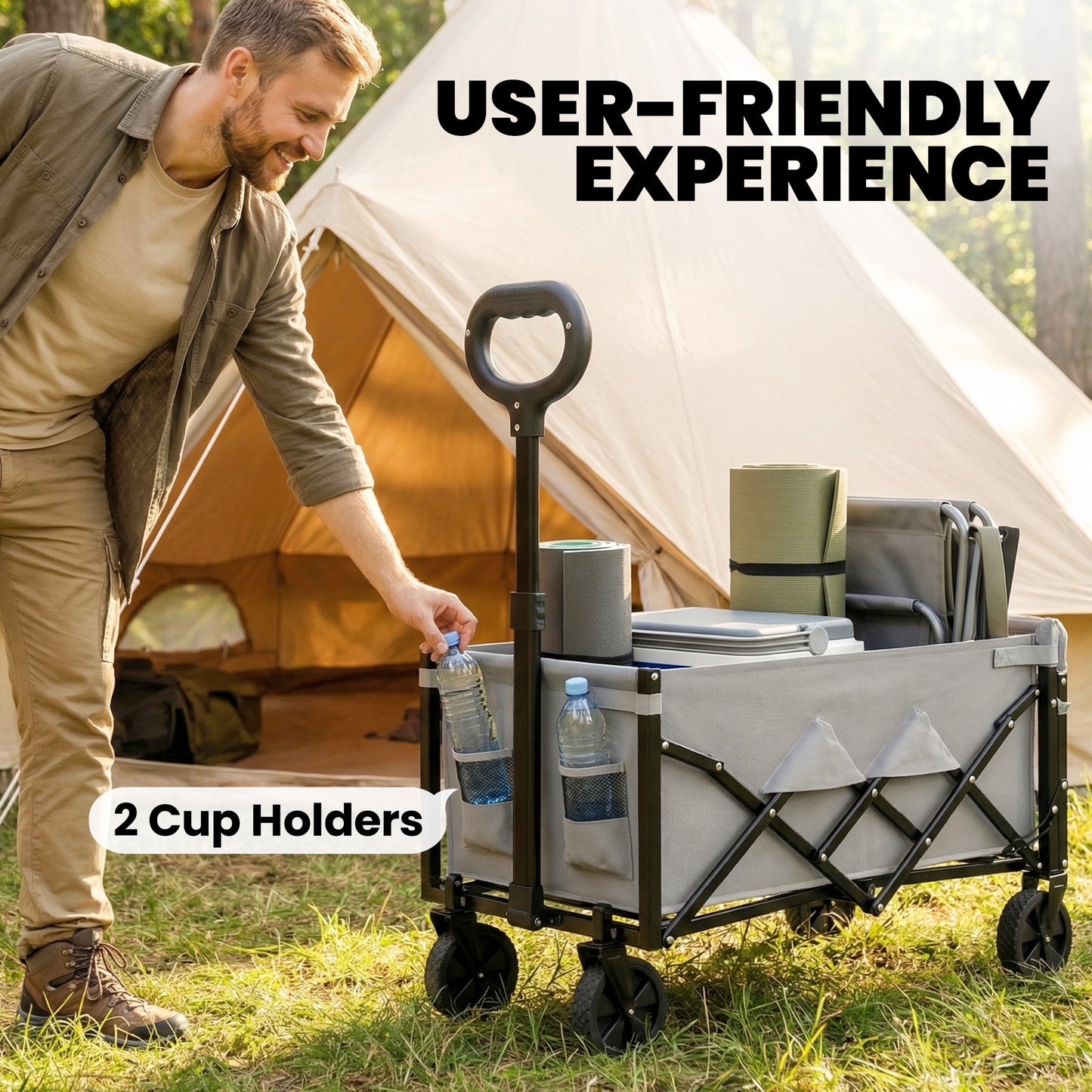 80L Foldable Festival Camping Trolley | Drop-Down Tailgate | Adjustable Handle | 2 Cup Holders | Storage Bags | Quick Release Wheels | 150kg | Grey