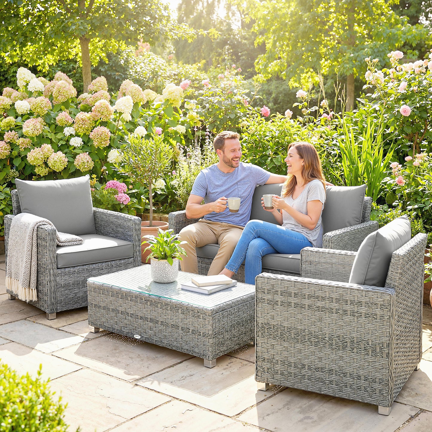 4-Piece Rattan Garden Furniture Set | Loveseat | 2 Armchairs | Tempered Glass Table | 15cm Back Cushions | Washable Covers | 120kg | Grey