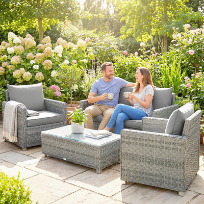 4-Piece Rattan Garden Furniture Set | Loveseat | 2 Armchairs | Tempered Glass Table | 15cm Back Cushions | Washable Covers | 120kg | Grey