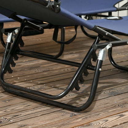 2 Piece Folding Sun Loungers with Canopy, Adjustable Recliner Garden Chairs with Side Pocket, Steel Frame and Breathable Mesh, Dark Blue