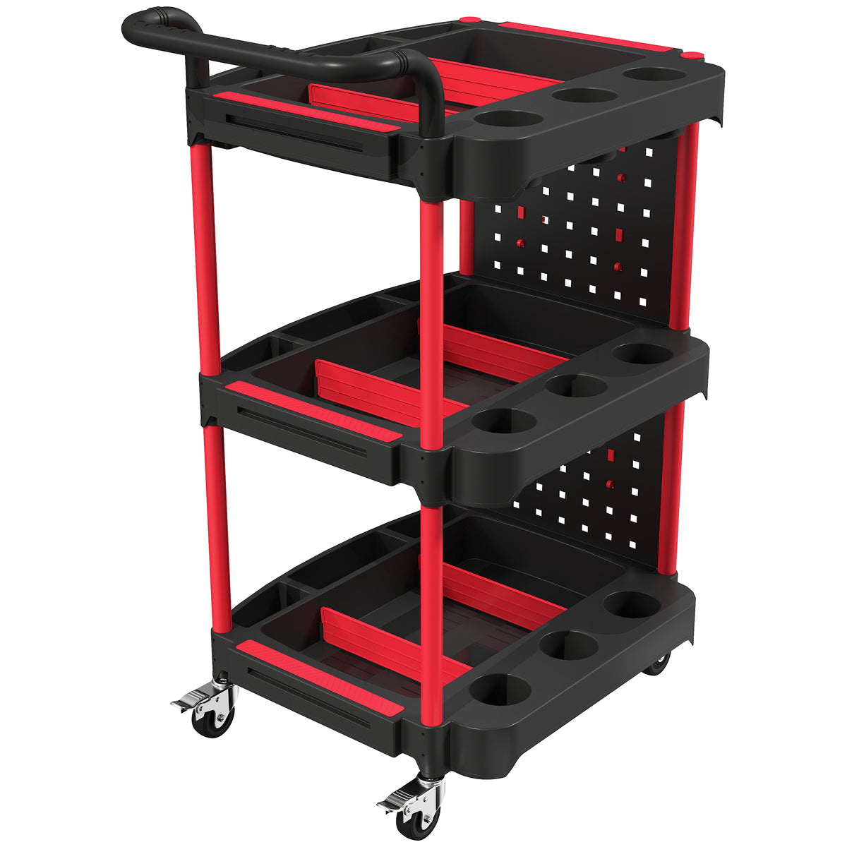 3-Tier Rolling Tool Cart | Mobile Workshop Trolley with Pegboard, 8 Hooks & 2 Brakes | 130 kg Capacity | Black & Red