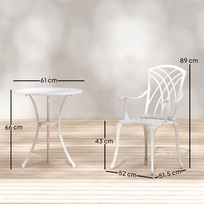 3 Piece Cast Aluminium Garden Bistro Set | Round Table Dia 61cm | Parasol Hole | 2 Chairs | Cut-Out Back Design | Adjustable Feet | 120kg | White