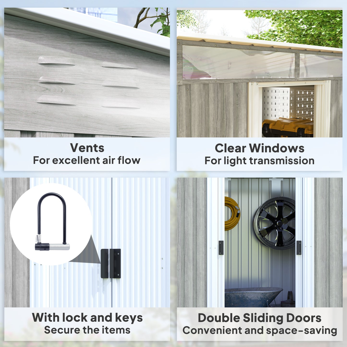 Outsunny 6.5 x 4FT Galvanised Metal Shed with Foundation Kit, Lockable Tool Garden Shed with Double Sliding Doors, Vents, Light Grey Wood Effect