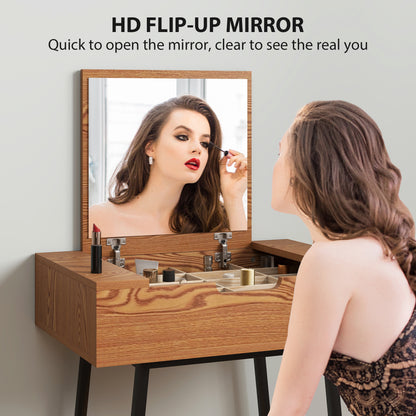 Vanity Desk with Flip-Up Mirror, Industrial Dressing Table with 16 Small Compartments for Bedroom, Natural Wood Effect