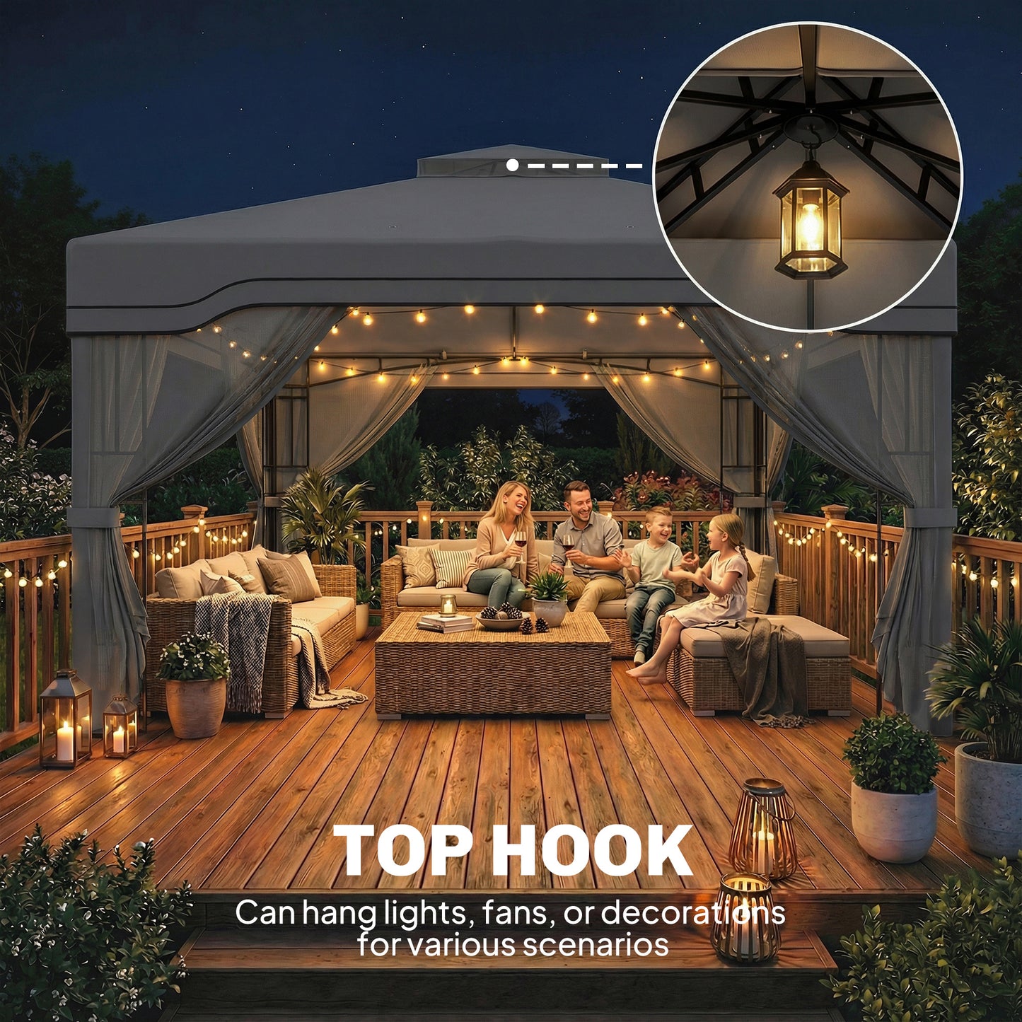 3x3.6m Permanent Garden Gazebo | Double-Tier UPF50+ Roof | Mesh Panels | Integrated Corner Shelves | Ceiling Hook | Triangular Powder-Coated Posts | Expansion Screws | Ground Stakes | Dark Grey