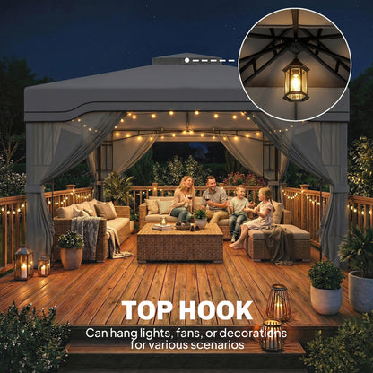 3x3.6m Permanent Garden Gazebo | Double-Tier UPF50+ Roof | Mesh Panels | Integrated Corner Shelves | Ceiling Hook | Triangular Powder-Coated Posts | Expansion Screws | Ground Stakes | Dark Grey