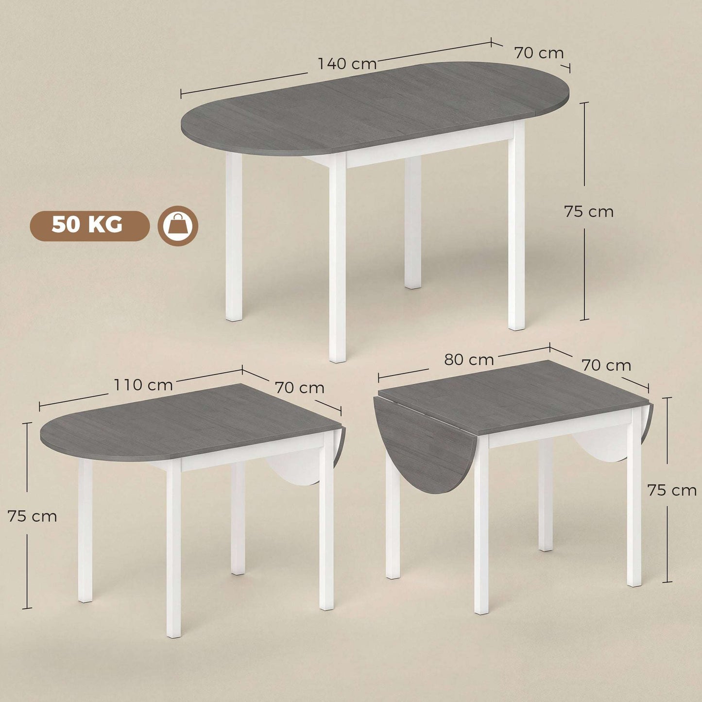 4-6 Person Drop-Leaf Extending Dining Table | Pine Wood | 3 Configurations | Folds to 80cm or Extends to 140cm | 50kg Capacity | Foot Pads | Grey & White