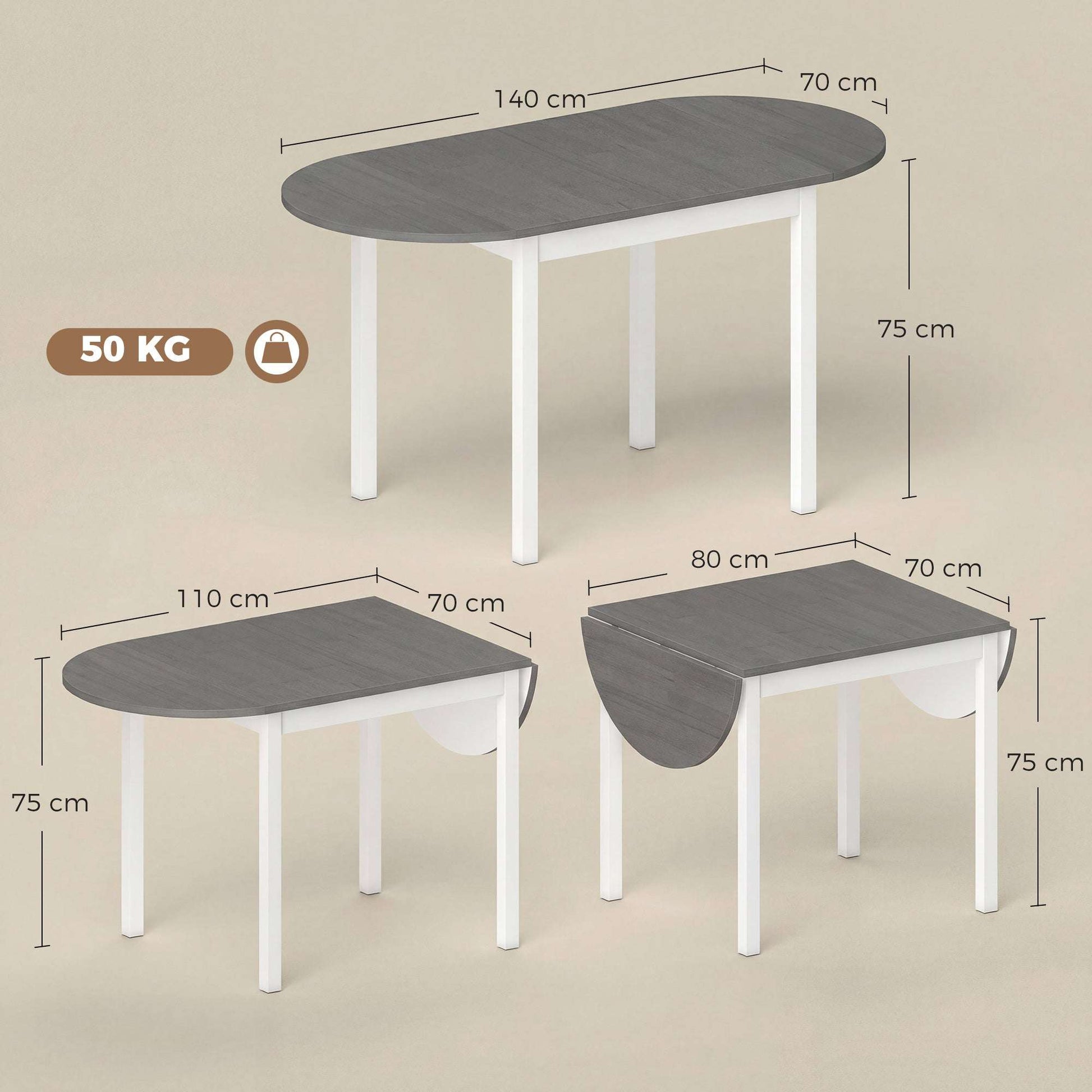 4-6 Person Drop-Leaf Extending Dining Table | Pine Wood | 3 Configurations | Folds to 80cm or Extends to 140cm | 50kg Capacity | Foot Pads | Grey & White