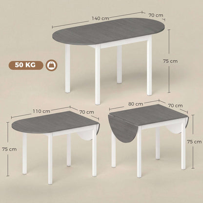 4-6 Person Drop-Leaf Extending Dining Table | Pine Wood | 3 Configurations | Folds to 80cm or Extends to 140cm | 50kg Capacity | Foot Pads | Grey & White