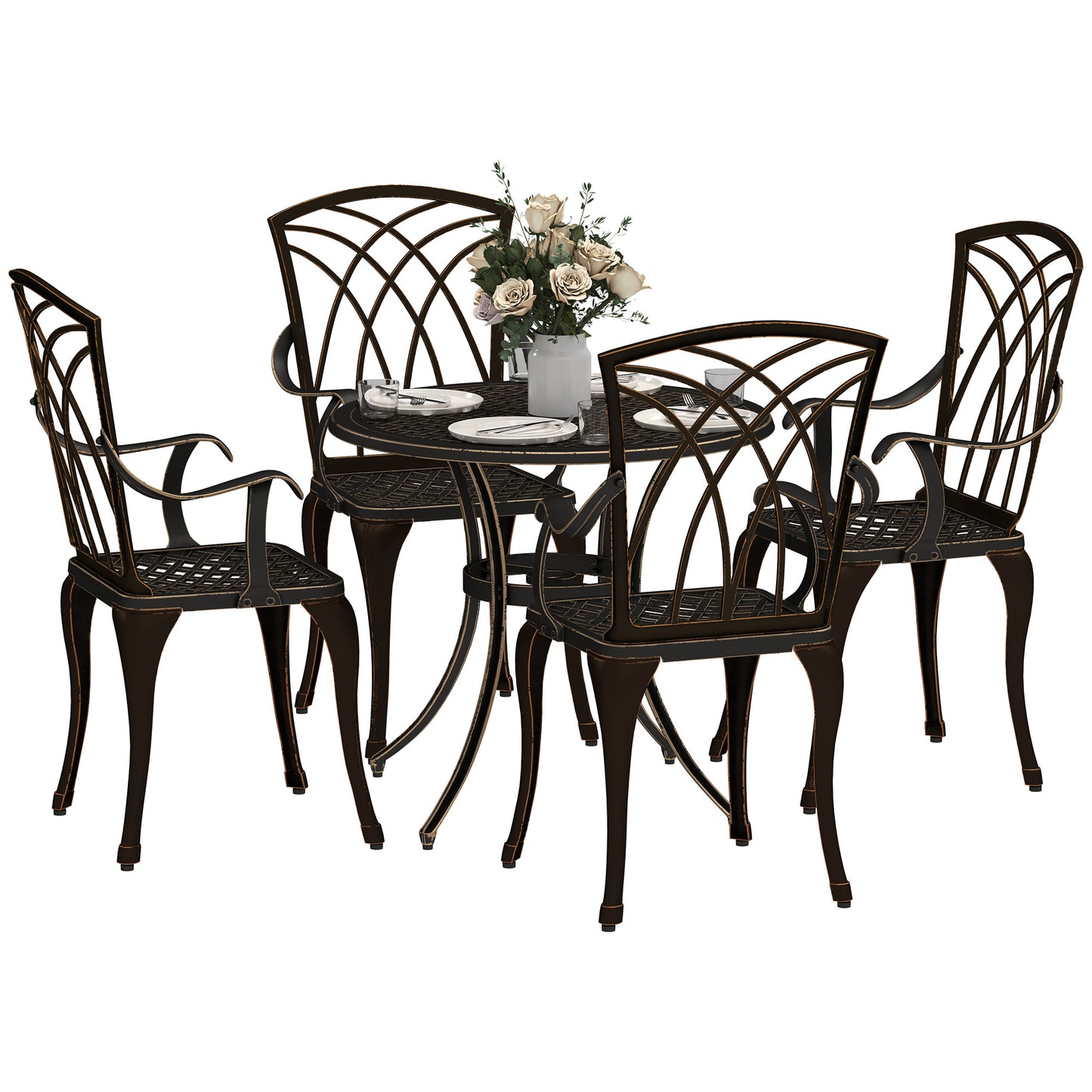 5 Piece Cast Aluminium Garden Dining Set | 4 Armchairs | Round Table Dia 85cm | 50mm Parasol Hole | Adjustable Feet | 160kg | Bronze Tone