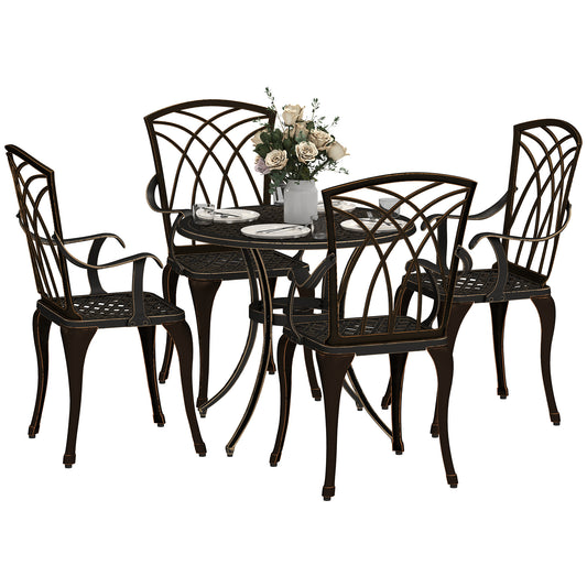 5 Piece Cast Aluminium Garden Dining Set | 4 Armchairs | Round Table Dia 85cm | 50mm Parasol Hole | Adjustable Feet | 160kg | Bronze Tone