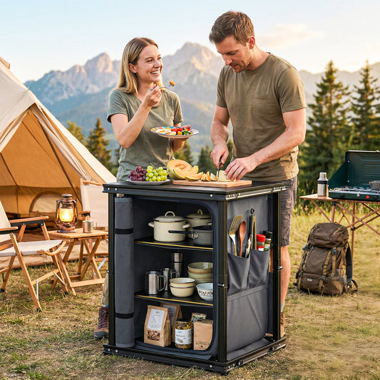 Folding Camping Kitchen Unit | 3 Shelves & 4 Pockets | Zip Cupboard | Adjustable Feet | 50kg | Carry Bag | Black