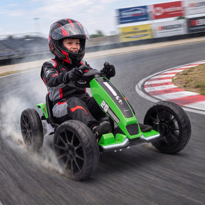 12V Electric Go Kart for Kids | Dual 35W Motors | Soft-Start | 4-Position Adjustable Length 83–98cm | Sliding Seat | LED Lights | EVA Wheels | 50 Min | 1.5–4km/h | 25kg | Age 3–6 | Green