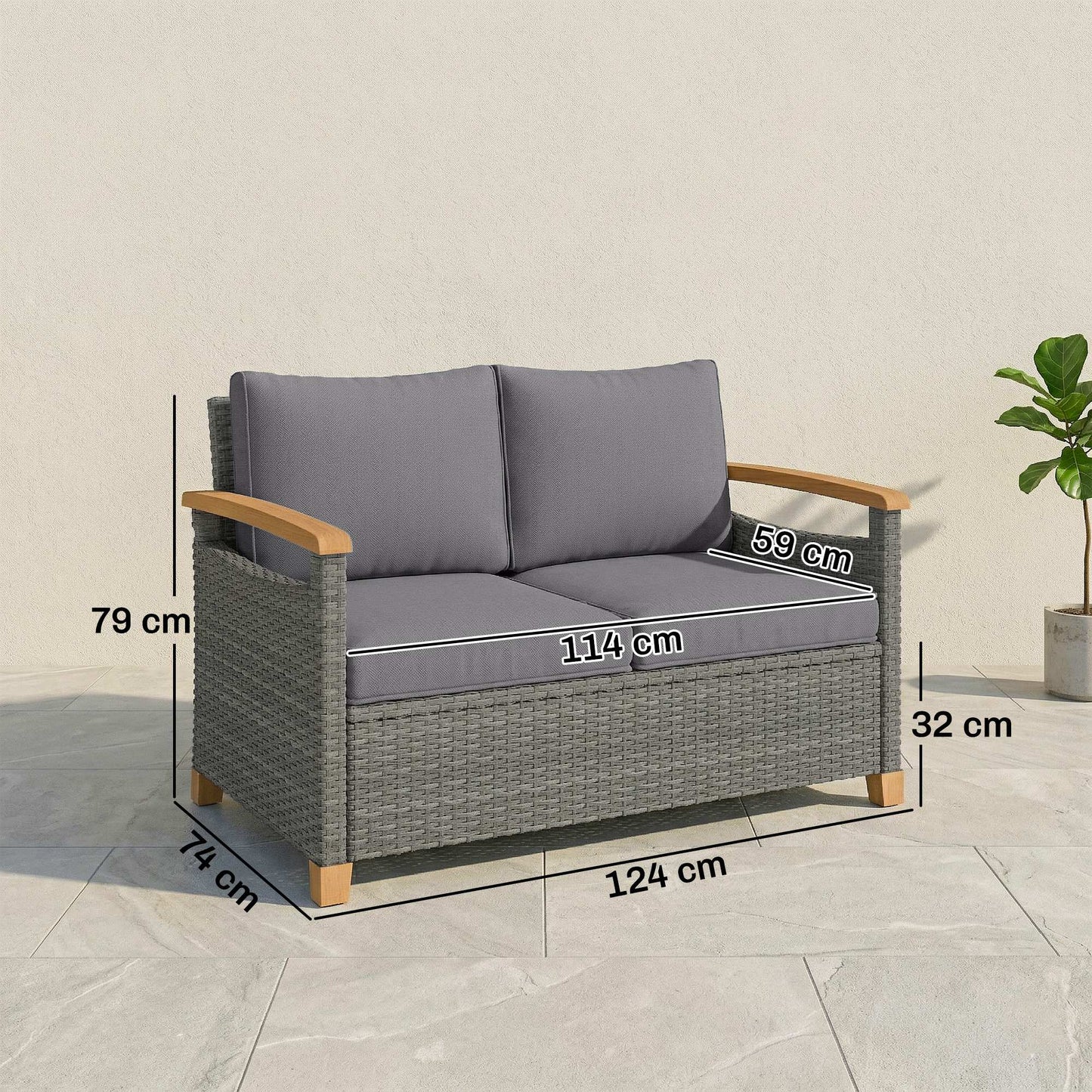 2 Seater Rattan Garden Sofa | Acacia Wood Armrests | Thick Cushions | Powder Coated Steel | Adjustable Feet | 124x74x79cm | 240kg | Dark Grey