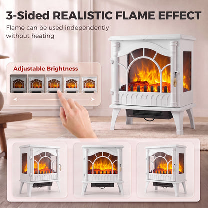 White Electric Fireplace Stove | 3-Sided Glass Flame Effect Fan Heater, 1000W/2000W, 15–30 m² Coverage | Freestanding