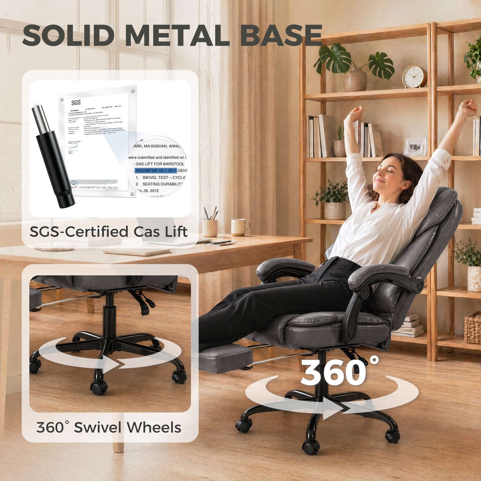 High-Back Executive Reclining Office Chair | 90-135° Recline | Linkage Armrests | Retractable Footrest | Pocket Spring & Foam Seat | PU Leather | EN1335 & BS5852 | 120kg | Grey