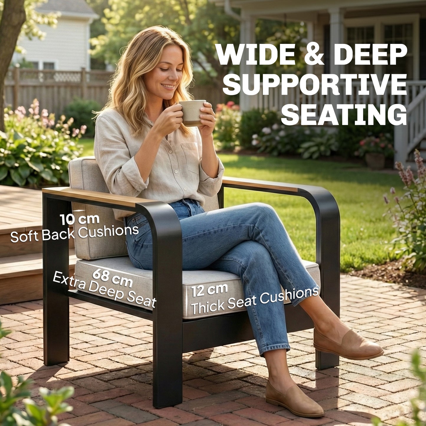 4-Piece 4-Seater Aluminium Garden Sofa Set | 68cm Deep Seats | 200GSM Olefin Cushions | WPC Armrests & Table | 240kg | Beige