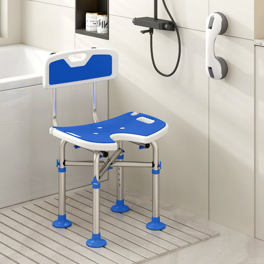 Height Adjustable Shower Chair | U-Shaped Cutout | HDPE Padded Seat | Drainage Holes | Shower Head Holder | Non-Slip Suction Feet | 150kg X-Frame | MDR-CE & FDA Certified | 39-49cm | Blue