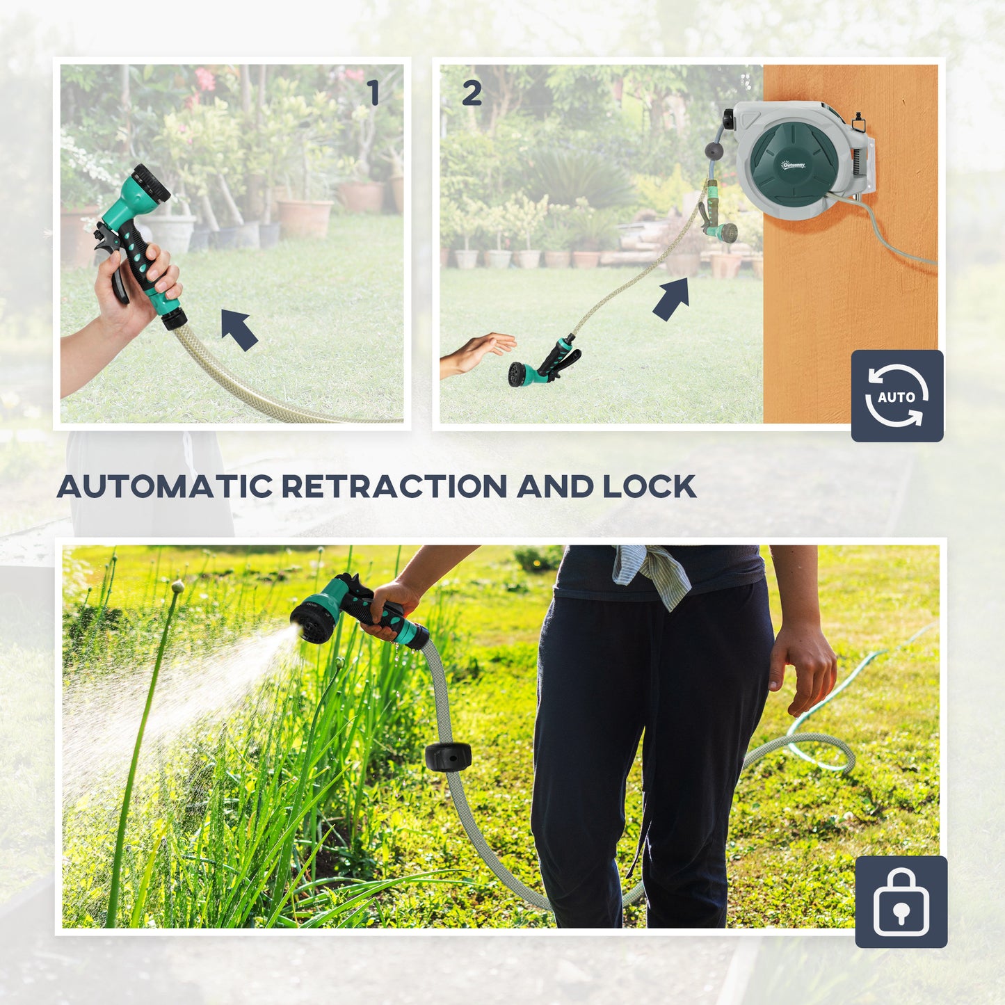 Wall Mounted Retractable Garden Hose Reel | 20+2m | Auto Rewind & Lockable | 7-in-1 Spray Nozzle | 180° Swivel | UV-Resistant PP | 8 Bar Working Pressure | 48x20x42cm | Green