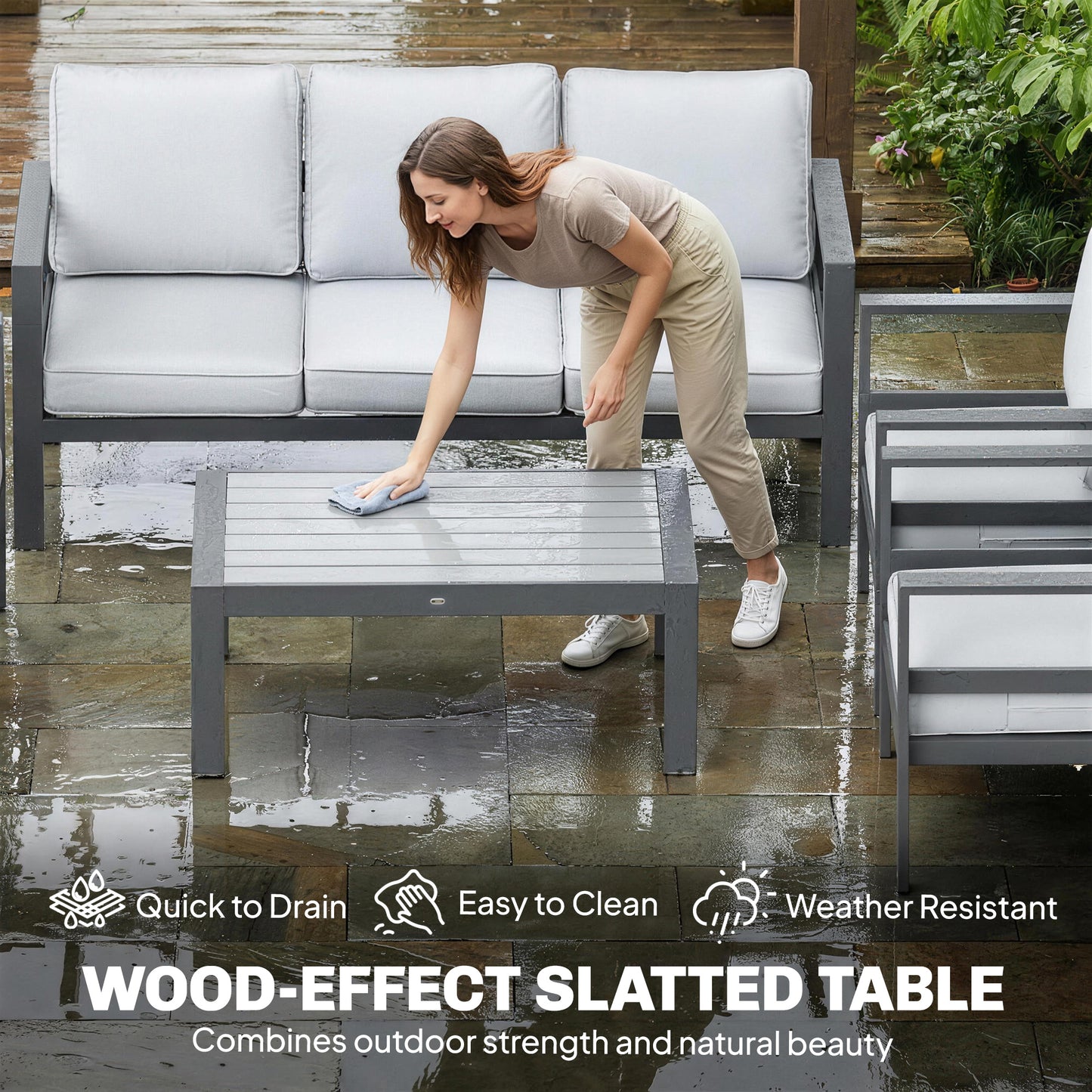 5-Piece Aluminium Garden Sofa Set | 64cm Deep Seats | 220GSM Olefin Cushions | Wood-Effect Table | 360kg | Dark Grey