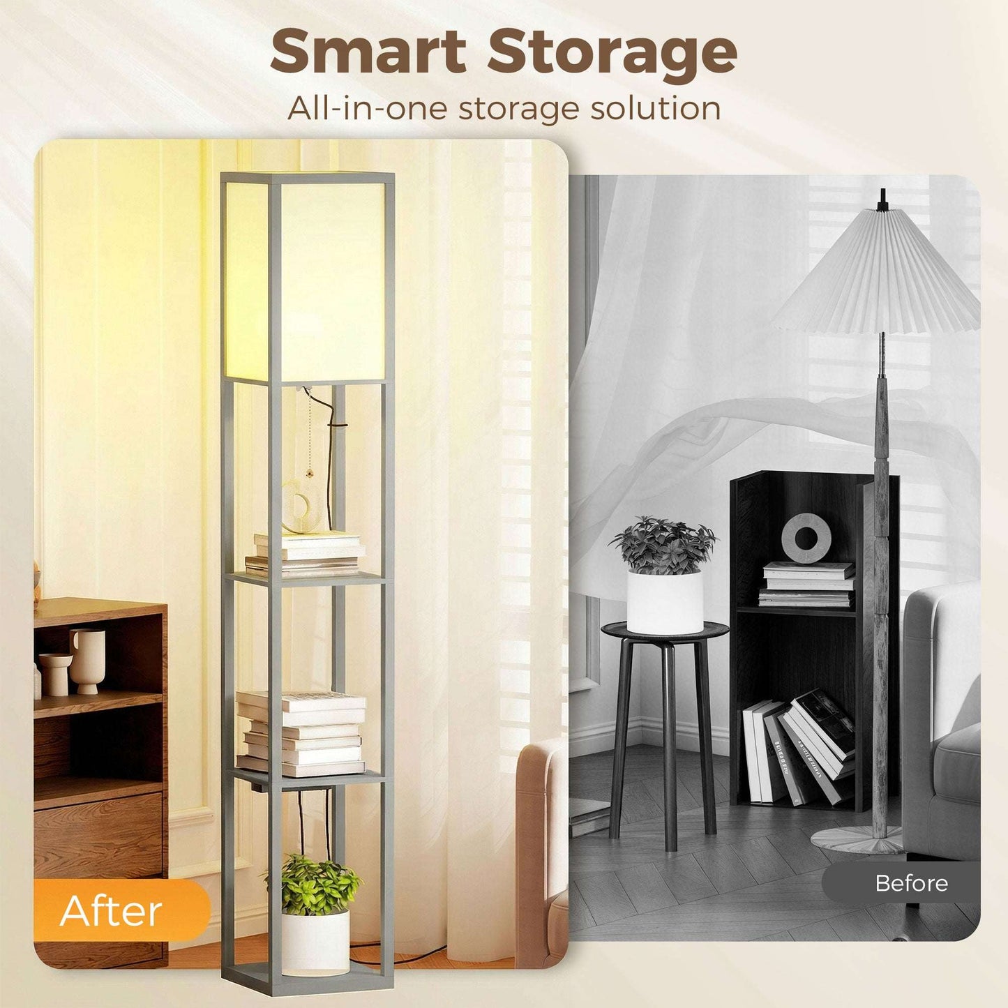 Floor Lamp with 3 Shelves | Column Design | MDF | E27 LED Included | Foot Switch | 160cm | 2.5kg per Tier | Grey