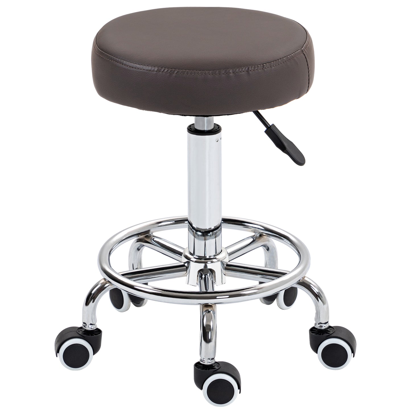 PU Leather Rolling Salon Stool | Height Adjustable 50-64cm | Dia 42cm | Thick Foam Seat | Footrest | 5 Wheels | Backless | 110kg | Grey