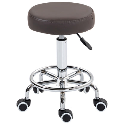 PU Leather Rolling Salon Stool | Height Adjustable 50-64cm | Dia 42cm | Thick Foam Seat | Footrest | 5 Wheels | Backless | 110kg | Grey