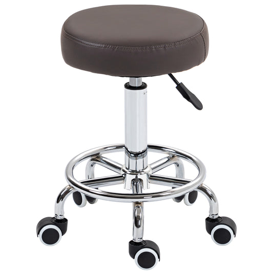 PU Leather Rolling Salon Stool | Height Adjustable 50-64cm | Dia 42cm | Thick Foam Seat | Footrest | 5 Wheels | Backless | 110kg | Grey