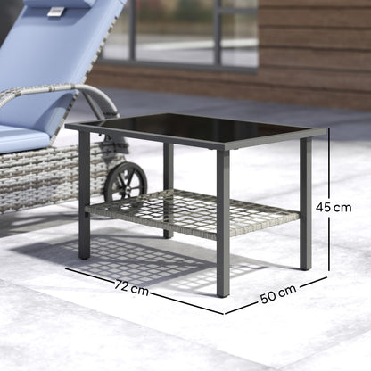 Outsunny Outdoor Rattan Coffee Table with Tempered Glass Top, Storage Shelf, Foot Pads, for Patio, Balcony, Mixed-grey