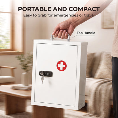 Wall Mount Medicine Cabinet | Combination & Key Dual Lock | 3-Tier Steel | 5kg | No Assembly | 32 x 14 x 38cm | White