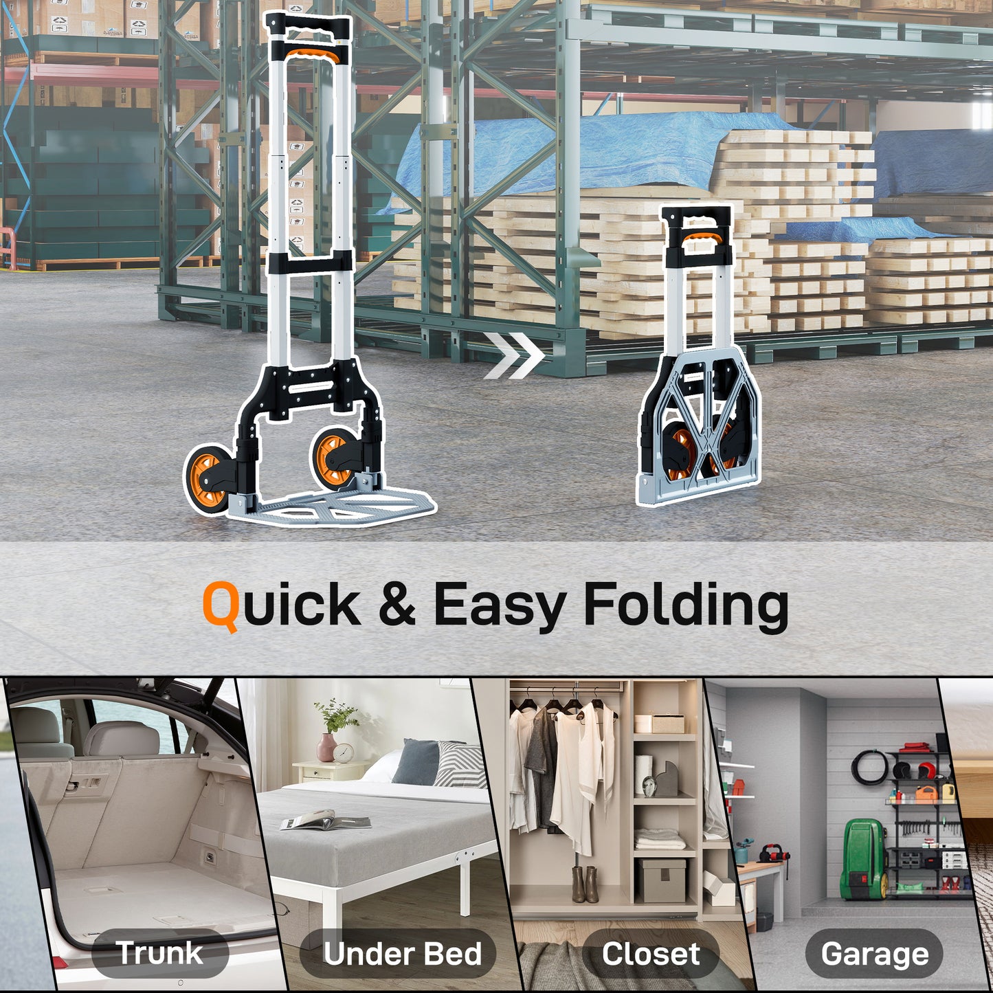 Folding Sack Truck, 70kg Lightweight Hand Truck with Wheels, Foldable Trolley Cart with Telescoping Handle for Warehouse, Office, Luggage, Silver Tone