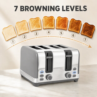 Kettle & Toaster Set | Grey Stainless Steel 1.7L 3000W Fast-Boil Kettle with 4-Slice Toaster